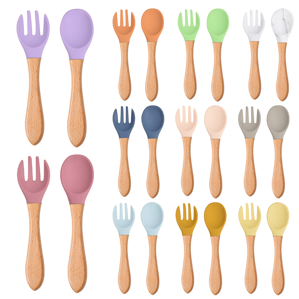 2 개/대 나무 손잡이와 아기 실리콘 숟가락 포크 아기 - Baby Food Utensil 리뷰 및 가격
